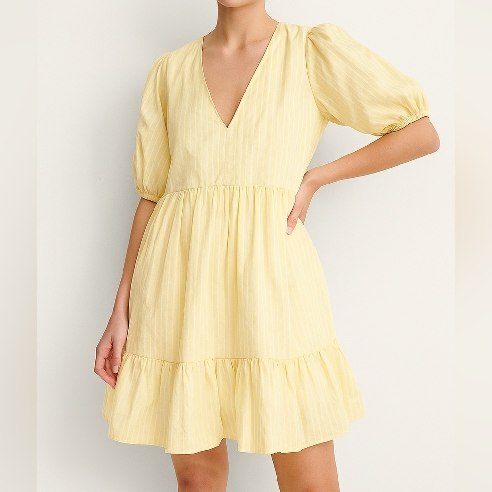 EVERY Yellow Striped Puff Sleeve Tiered V-Neck Baby Doll Dress SIZE XL